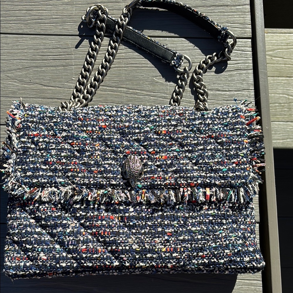 Elegant Black and Blue Tweed Shoulder Bag